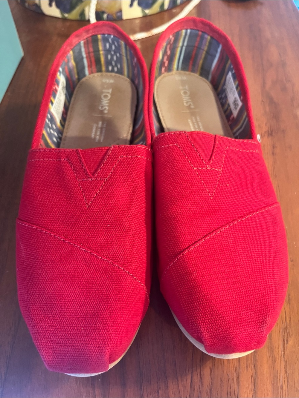 Toms Red Canvas Slip-On Shoes with Striped Lining